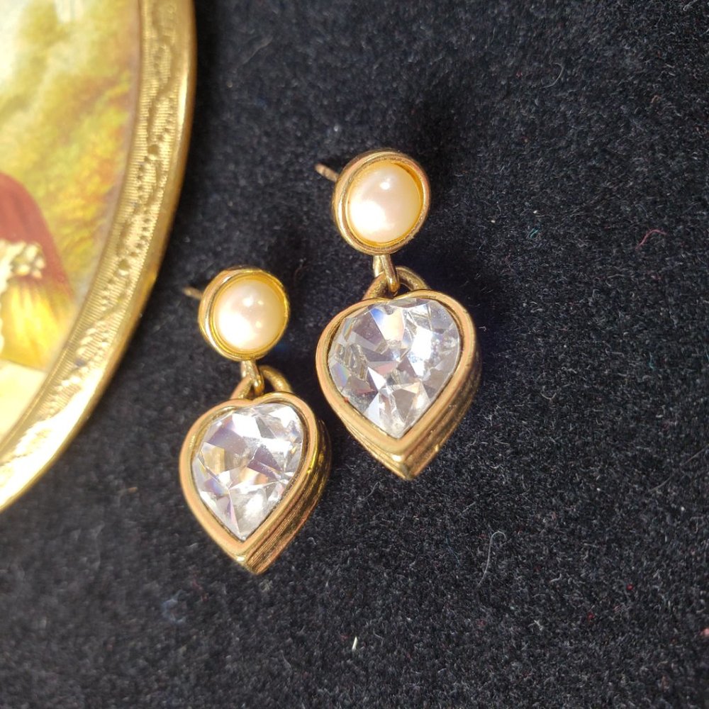 Vintage Richelieu Crystal Heart & Pearl Bead Rhinestone Earrings